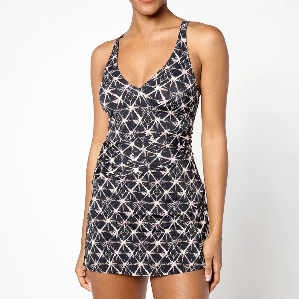 Denim & Co. Beach V-Neck Ruched Waist Swim Dress  7837